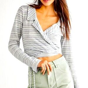Free People Eloise Wrap Top in Indigo - size XS Stripes, Collared, Cropped